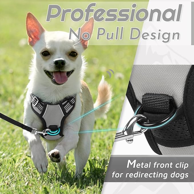 Eagloo Small Dog Harness No Pull, Service Vest with Reflective Strips and Control Handle, Adjustable and Comfortable for Walking, No Choke Pet Harness with 2 Metal Rings, Grey, XS-PawvioPets