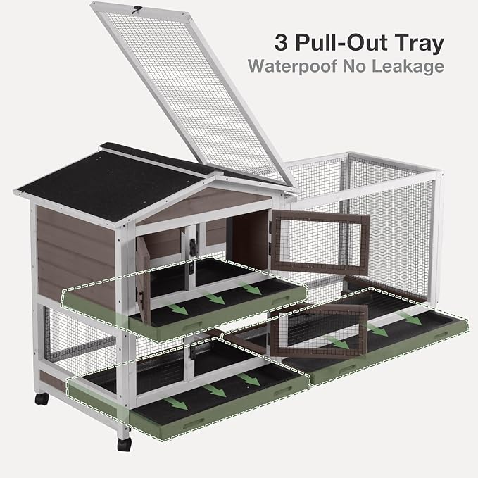 2-Story Indoor Rabbit Hutch with Chew-Proof Outdoor Rabbit Cage with 6 Locking Casters Bunny Cage 2 Pull-Out Trays Guinea Pigs Cage 62" Brown-PawvioPets