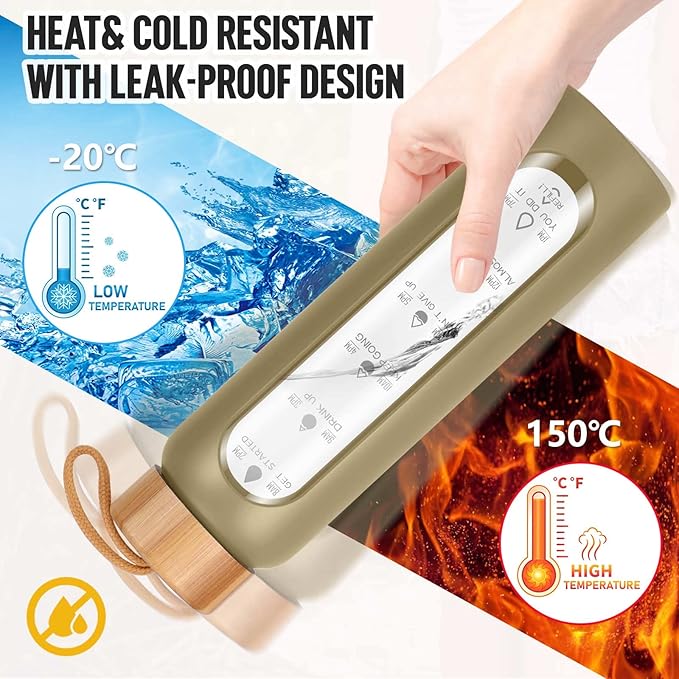 Aqulea Glass Water Bottles with Silicone Sleeve - BPA Free Reusable Wide Mouth Glass Motivational Water Bottles with Fruit Infuser – Leak Proof Borosilicate Water Bottle with Time Marker-PawvioPets