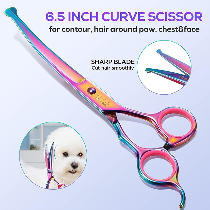 Gimars Professional 4CR Stainless Steel 6 in 1 Grooming Scissors for Dogs with Safety Round Tip, Heavy Duty Titanium Coated Pet Grooming Scissor for Dogs, Cats and Other Animals-PawvioPets
