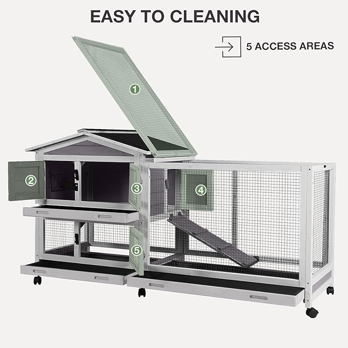 2-Story Indoor Rabbit Hutch with Chew-Proof Outdoor Rabbit Cage with 6 Locking Casters Bunny Cage 2 Pull-Out Trays Guinea Pigs Cage 62"-PawvioPets