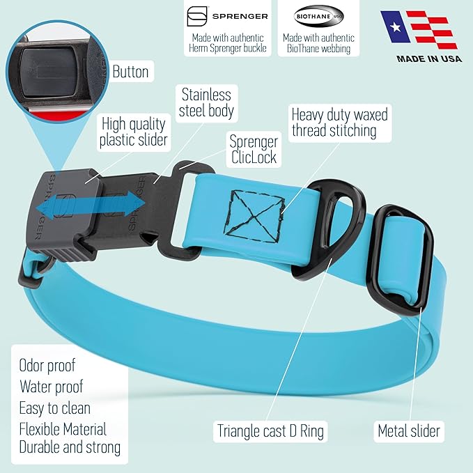 Dogline Biothane Waterproof Dog Collar with Herm Sprenger Stainless Steel Quick Release Buckle – Heavy Duty Tactical Durable Collar for Dogs – Comfortable and Safe Pet Collar, W 1" L 15-25" Sky Blue-PawvioPets