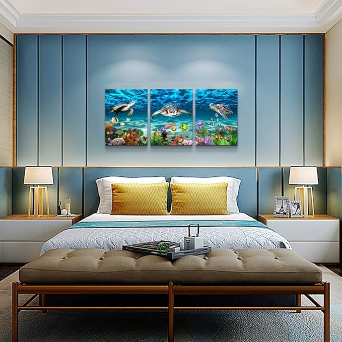 Canvas Wall Art for Living Room Large Size Wall decor for Bedroom Bathroom Wall Decoration blue Ocean Sea Turtle Paintings Modern shark Pictures Artwork office Decor Ready to Hang 16" x 24" 3 Piece-PawvioPets