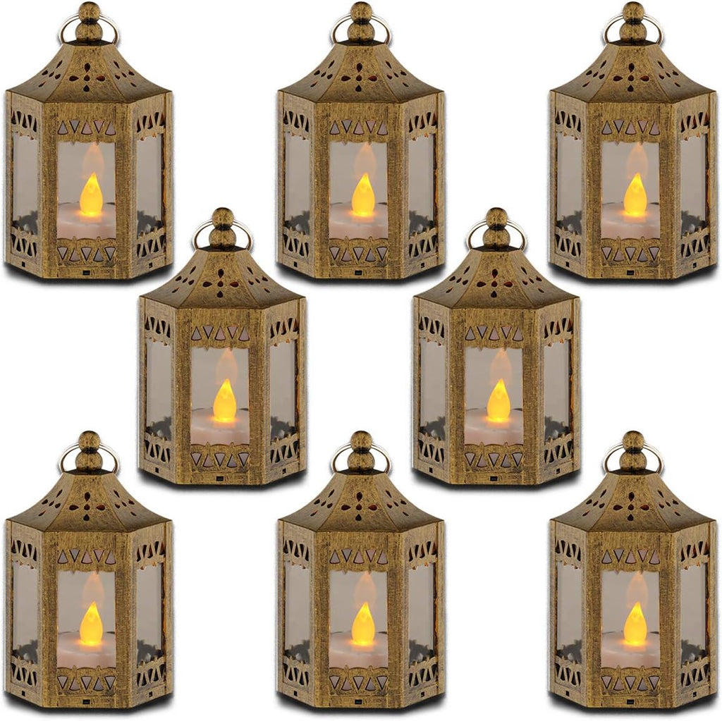 zkee Mini Star Lanterns with Flickering LED, Battery Included, Decorative Hanging Lanterns for Christmas & Indoor Use (Set of 8, Golden Brushed)