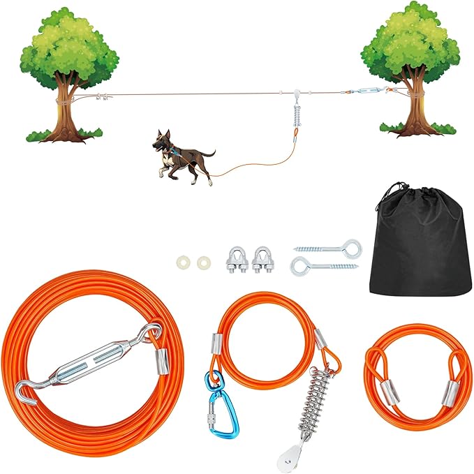 50ft Dog Runner for Yard Large Dog Heavy Duty with Double Shock Absorbers Tangle-Free Aerial Trolley System for Large Dogs Up to 250lbs(Orange)-PawvioPets