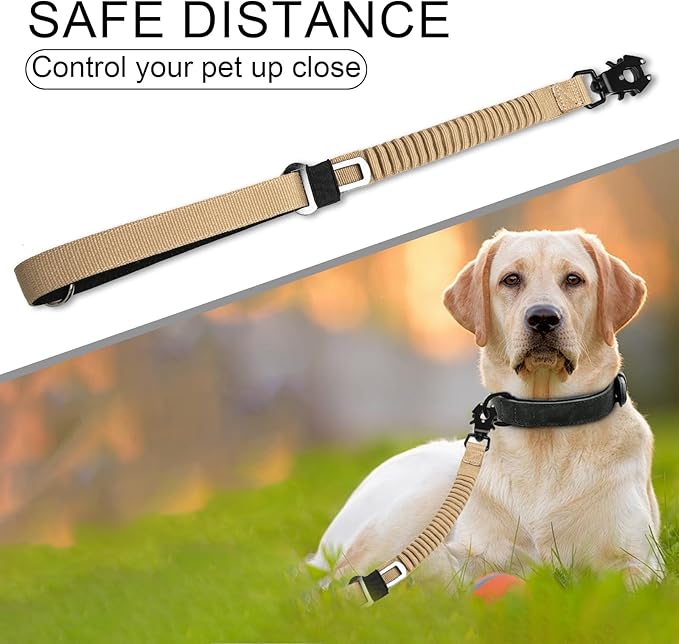 20” Strong Short Leash for Dog, Heavy Duty Bungee Dogs Leash with Padded Handle Car Seatbelt, Small Dog Training Leashs for Large or Medium Dogs - Can be Used with Other leashes (Khaki)-PawvioPets
