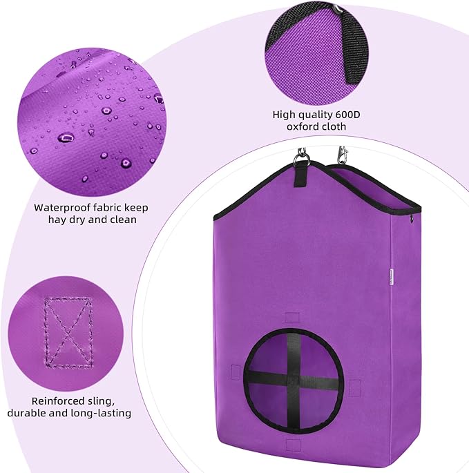 3 PCS Goat Hay Feeder,Hay Bags for Horses,Goats,Donkeys with Reinforced Oxford Fabric and High Strength Metal Clasp,Horse Feeding Supplies with Adjustable Strap for Easy Hanging(2Purple+1Orange)-PawvioPets