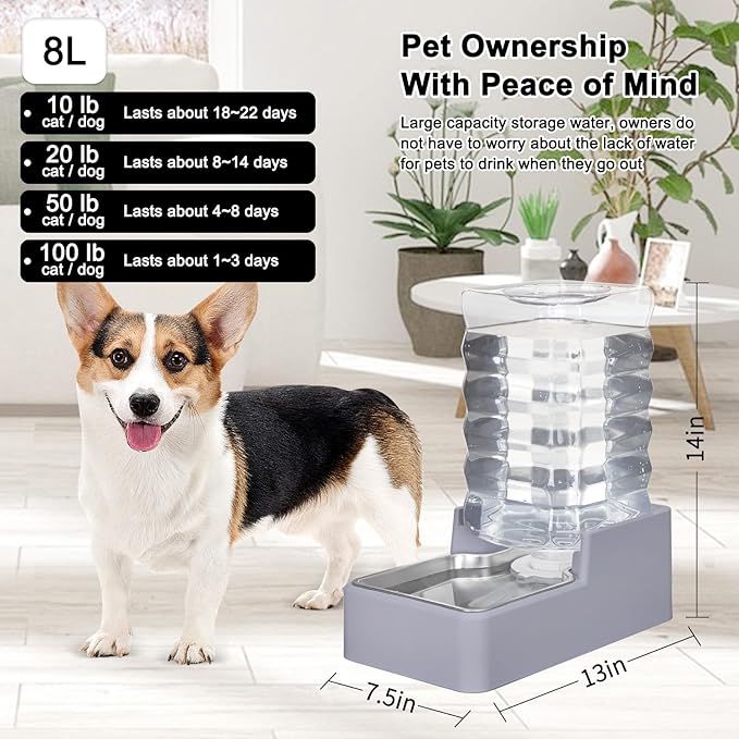 Automatic Pet Water Dispenser: 8L Light Gray Gravity Feeder with Stainless Steel Bowl - BPA-Free for Dogs Cats - No Spill Design-PawvioPets