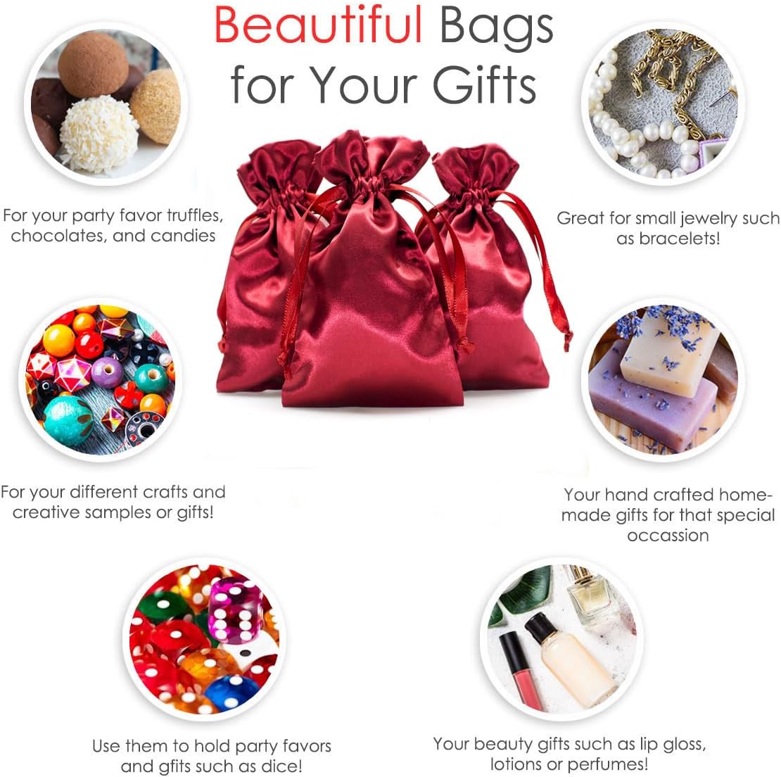 Knitial 4" x 6" Burgundy Satin Gift Bags, Jewelry, Wedding Favor Drawstring Bags Baby Shower Christmas 50 Count