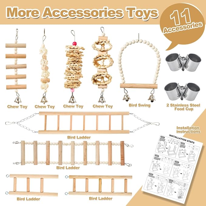 Bird Playground - Natural Wood Parrot Playstand with Perches, Bird Play Gym & Accessories, Removable Tray & 4 Stainless Steel Cups-PawvioPets