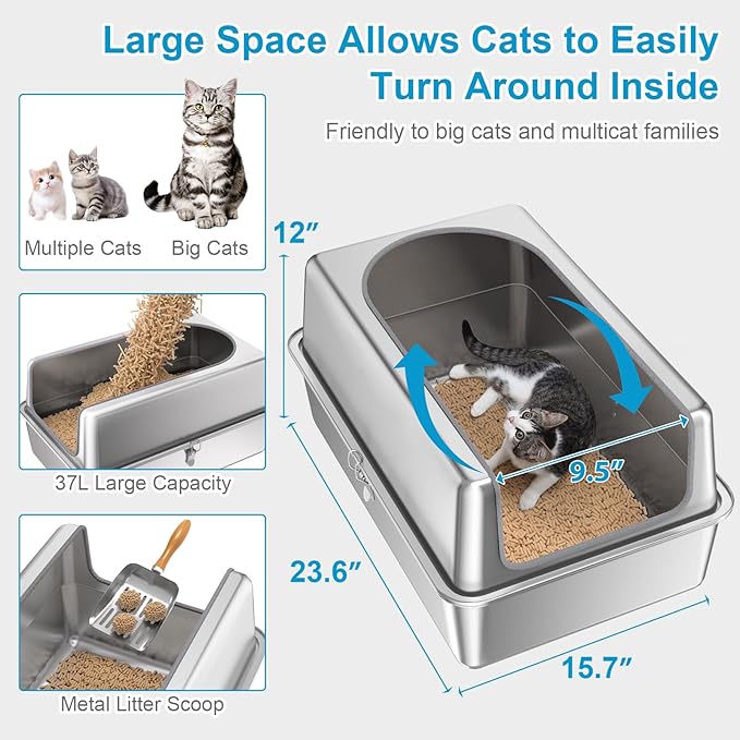 12'' High Sides XL All Stainless Steel Cat Litter Box with Lid,Deep Metal Litter Box for Big Cats,Extra Large Litter Boxes with High Wall Enclosure,Anti-Leakage,Never Absorbs Odors,Non-Sticky Surface-PawvioPets