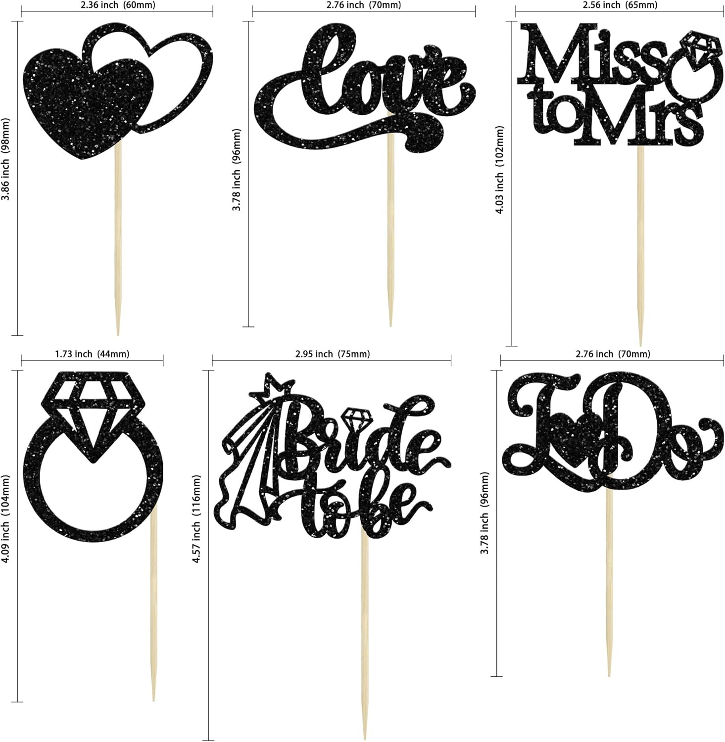 Gyufise 24Pcs Bride to Be Cupcake Toppers Black Glitter I Do Love Heart Ring Miss To Mrs Cupcake Picks Bridal Shower Cake Decorations for Wedding Engagement Bachelorette Party Supplies