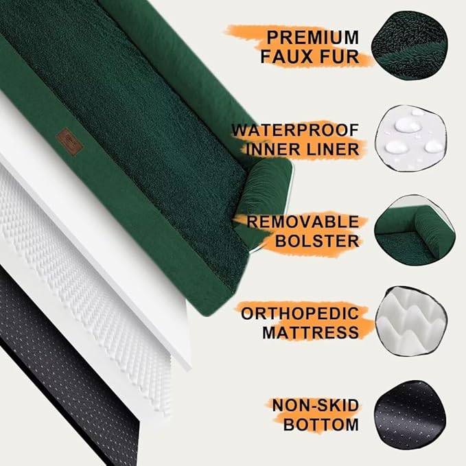Orthopedic Large Dog Bed Washable, Orthopedic Emerald Dog Beds with Egg Foam Support, Removable, Machine Washable Plush Cover and Non-Slip Bottom for Extra Large Dogs-PawvioPets