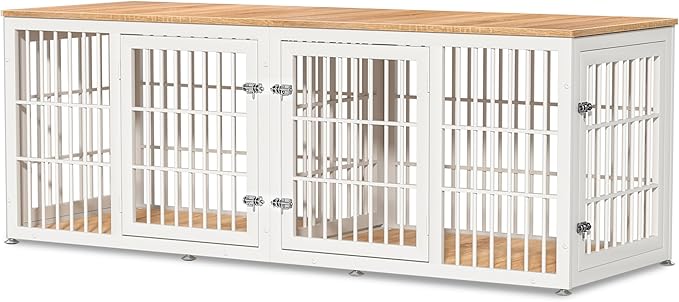 78 Inch Double Dog Crate Furniture, Heavy Duty Extra Large Cage Furniture with Divider for 2 Dogs, Decorative Wooden Kennel Furniture Indoor, Pet House for Large and Medium Dogs, White-PawvioPets