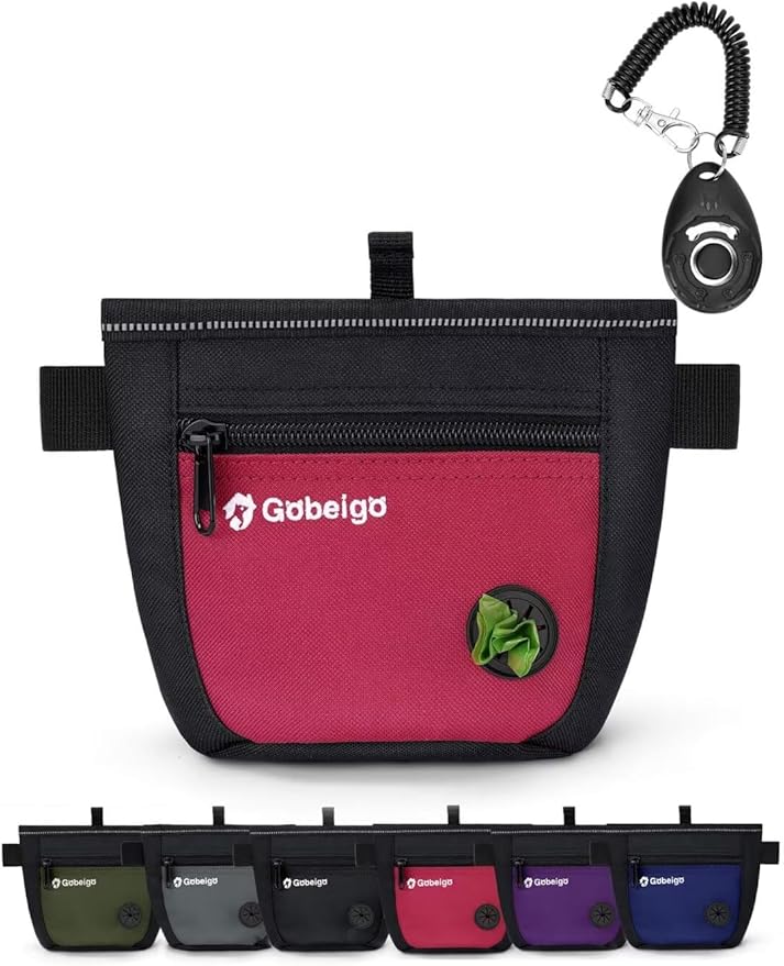 Gobeigo Dog Treat Pouch and Training Clicker, Upgrade Two Magnetic Closure to Prevent Spills, 2 Cup Treat Bag with Poop Bag Dispenser, Metal Clip Waist Belt Fanny Pack for Pet Walking(Black/Red)-PawvioPets