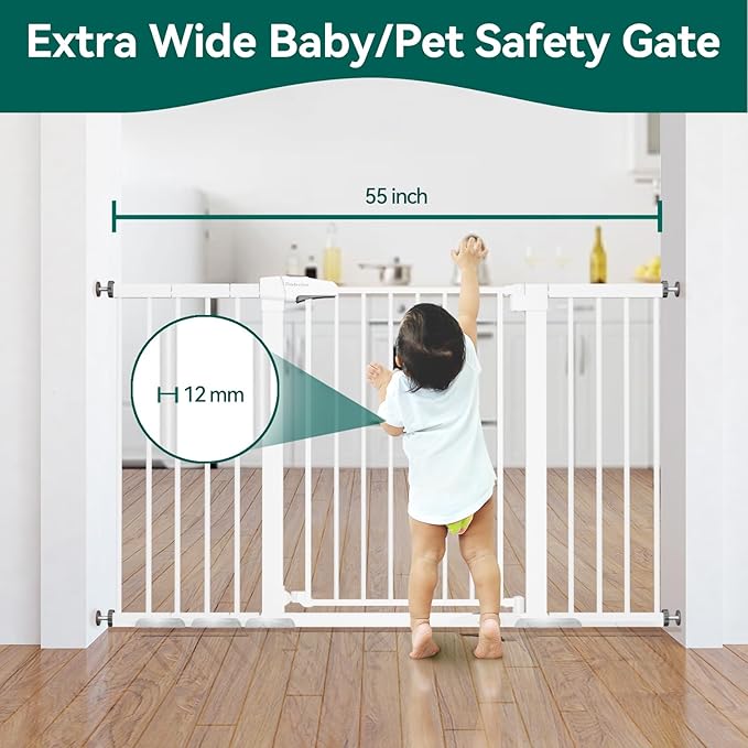 BABELIO 36" Tall Baby Gate, 29-55" Auto Close Pressure Mounted Dog Gate for Doorways & Hallway, Pressguard Basics Easy Walk Thru Pet Gate, Extra Wide Metal Child Gate, White-PawvioPets
