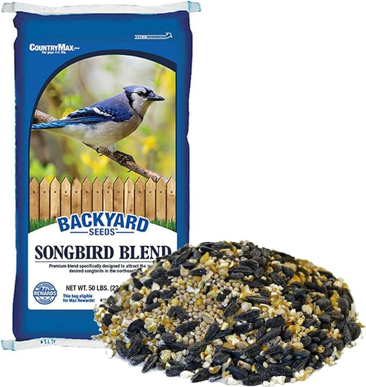 CountryMax Backyard Seeds Songbird Blend Wild Bird Seed – 50 lb Bag – Premium Mix with Sunflower Seeds, Safflower, Peanuts, Millet – Attracts Cardinals, Finches, Chickadees, and More-PawvioPets
