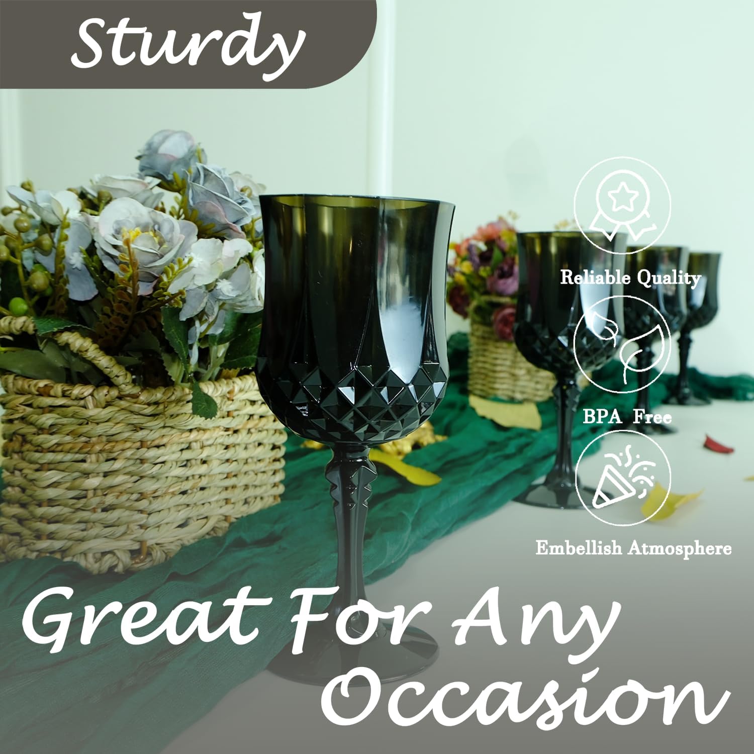 Plastic Wine Glasses，Plastic Goblets Vintage Style Cordial Drinking Glasses for Wedding Reception, Halloween Grand Event Party Supplies (24, Black)