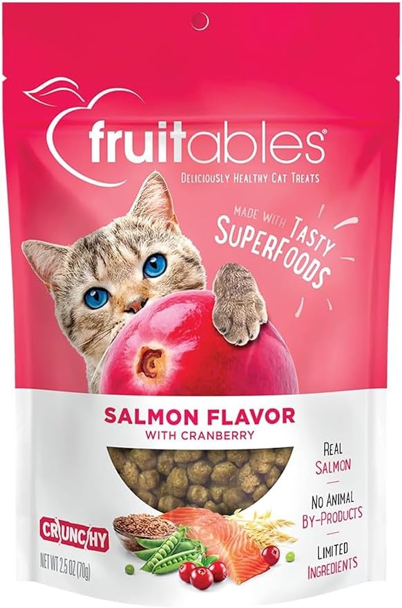 Fruitables Cat Crunchy Treats For Cats – Healthy Low Calorie Packed with Protein – No Wheat, Corn or Soy – Made with Real Salmon with Cranberry – 2.5 Ounces-PawvioPets