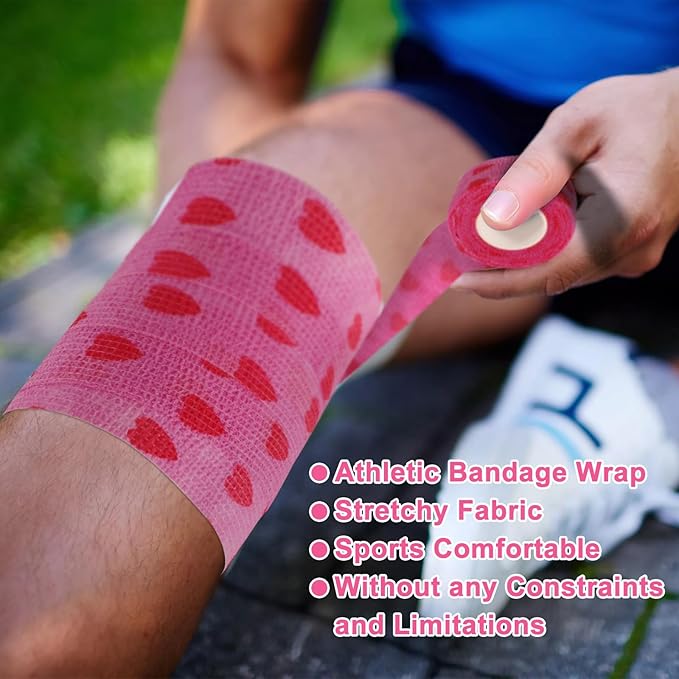 24 Pack Self Adhesive Vet Wrap & Medical Tape, 2 Inch x 5 Yards Cohesive Bandage Wrap - Pink Heart Grip Tape for Ankle, Wrist Sprains, Sports, Pet First Aid-PawvioPets