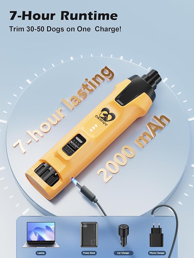 Casfuy 6-Speed Dog Nail Grinder – 50%+ Boost Power Dog Nail Trimmers Quiet with Dust Cap & 2 LED Lights & 2000mAh Battery & 4.8V Motor Electric Pet Toenail File Tool for Large Medium Small Dogs Cats-PawvioPets