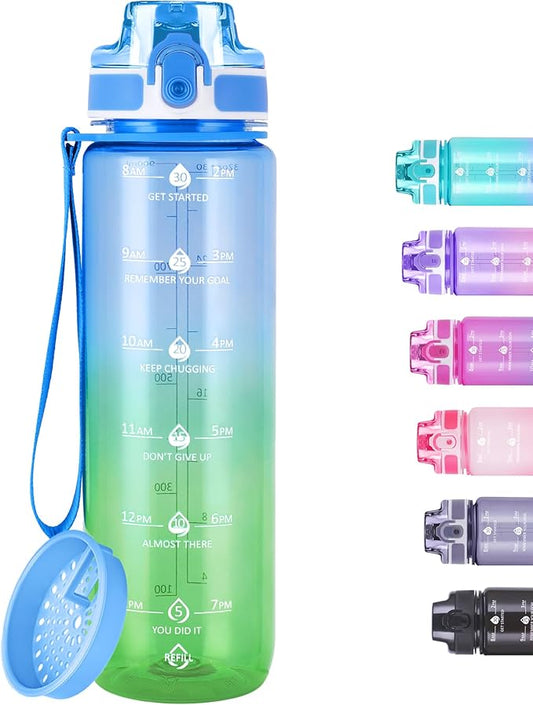 32oz Motivational Water Bottles with Time Marker & Fruit Strainer, Transparent Gradient Color Water Bottle with Times to Drink, Leakproof & BPA Free, Reusable Bottle with Strap (No Straw)-PawvioPets