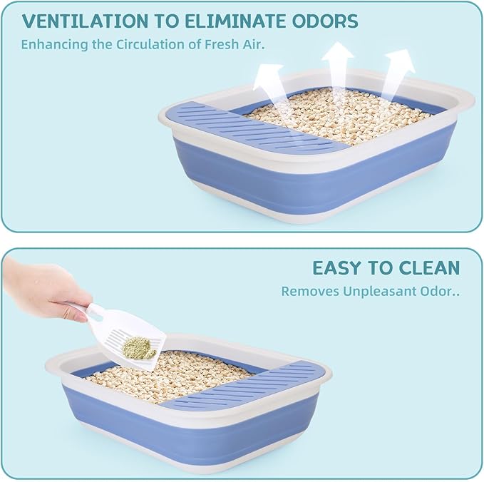 Collapsible Kitten Litter Box, ShineMe Open Top Small Cat Litter Box with Scoop and Litter Bag, Anti-Splash Waterproof Kitty Toilet Potty Pan for Sick Frail Cat 17" x 13.5", Blue-PawvioPets