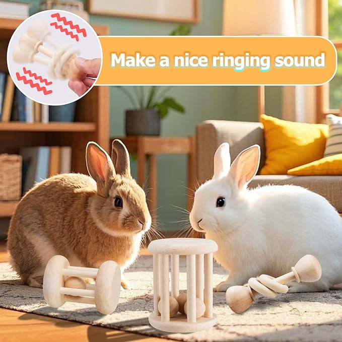 3 Pcs Natural Wooden Bunny Toys, Safe Rabbit Toys for Guinea Pig Chinchillas Hamsters Small Animals Playing Teeth Grinding Indoor Outdoor-PawvioPets