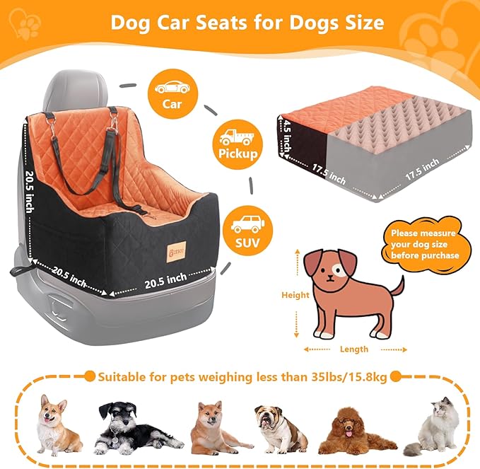 Dog Car Seat for Small/Medium Dogs Under 40lbs, Dog Booster Car Seats Memory Foam and Velvet, Detachable and Washable Pet Booster Carseats with Clip-On Satebelt and Storage Bag.(Black/Brown)-PawvioPets