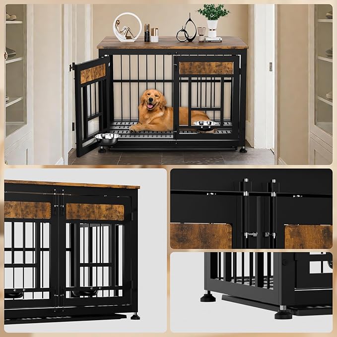 Dog Crate Furniture End Table 38 Inch Hidden Kennel Cabinet with Removable Tray, Thickened Metal Frame Dog Cage, Dual-Purpose Pet House & Nightstand for Living Room-PawvioPets