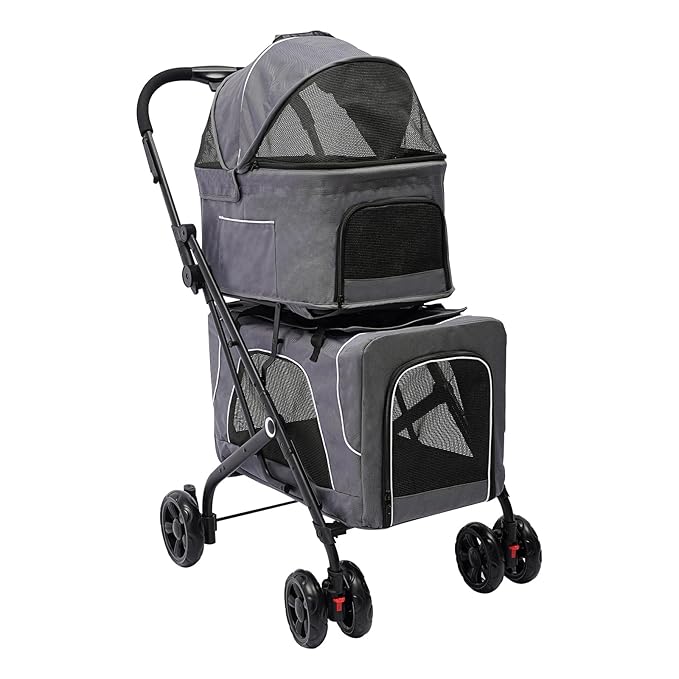 2 Tiers Pet Stroller,4 Wheel Dog Stroller Cat Strollers,3.07lbs Pet Gear Foldable Jogger Travel Cart,Grey Cat Carrying Cart with Storage Basket for Small Medium Pet (Grey)-PawvioPets
