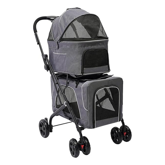 2 Tiers Pet Stroller,4 Wheel Dog Stroller Cat Strollers,3.07lbs Pet Gear Foldable Jogger Travel Cart,Grey Cat Carrying Cart with Storage Basket for Small Medium Pet (Grey)-PawvioPets