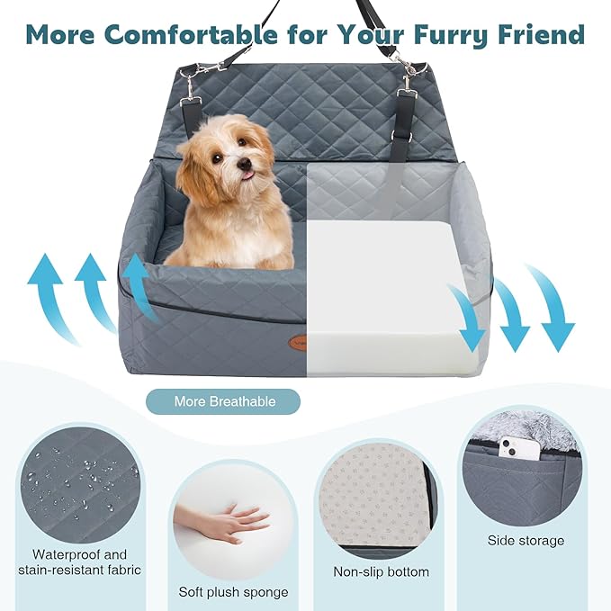 Dog Car Seat for Large/Medium Pet, Anti Slip Bottom Dogs Booster Seat for All Seasons,Pet Travel Bed with Thick Dog Sofa Cushion, Storage Pockets 2 Safety Leashes-PawvioPets