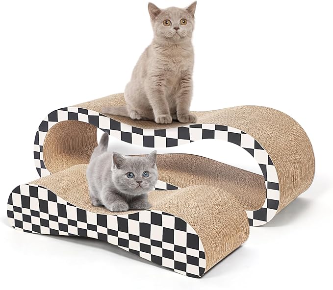 2 in 1 Cat Scratcher Cardboard Lounge Bed, Cat Scratching Post, Durable Board Pads Prevents Furniture Damage,Large,Checkerboard-PawvioPets