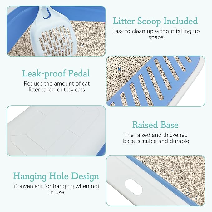 Fhiny Cat Litter Box Portable Shallow Litter Box 17.7"x13.4"x4.9" Foldable Cat Toilet with Scoop Open Kitty Potty Pan with Litter Drop Pedal Easy to Clean Travel Kitten Toilet(Blue)-PawvioPets