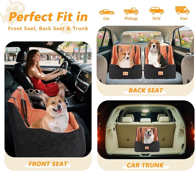 Dog Car Seat for Small/Medium Dogs Under 40lbs, Dog Booster Car Seats Memory Foam and Velvet, Detachable and Washable Pet Booster Carseats with Clip-On Satebelt and Storage Bag.(Black/Brown)-PawvioPets