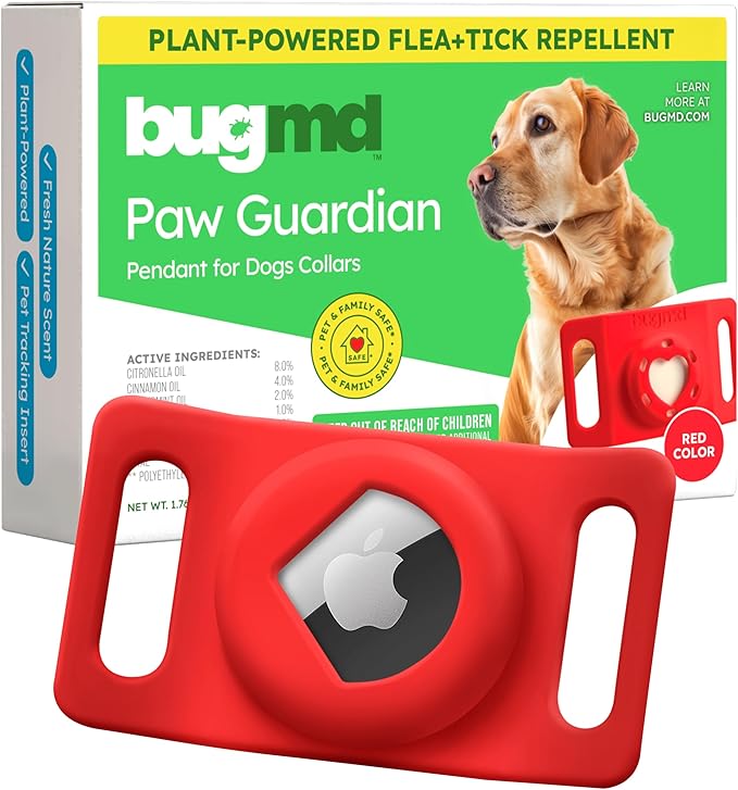 BugMD Paw Guardian Flea and Tick Prevention Pendant for Dogs with AirTag Holder | Plant-Powered Flea & Tick Control for Dog Collars Harnesses | Dog Tag with Air Tag Holder - Red-PawvioPets