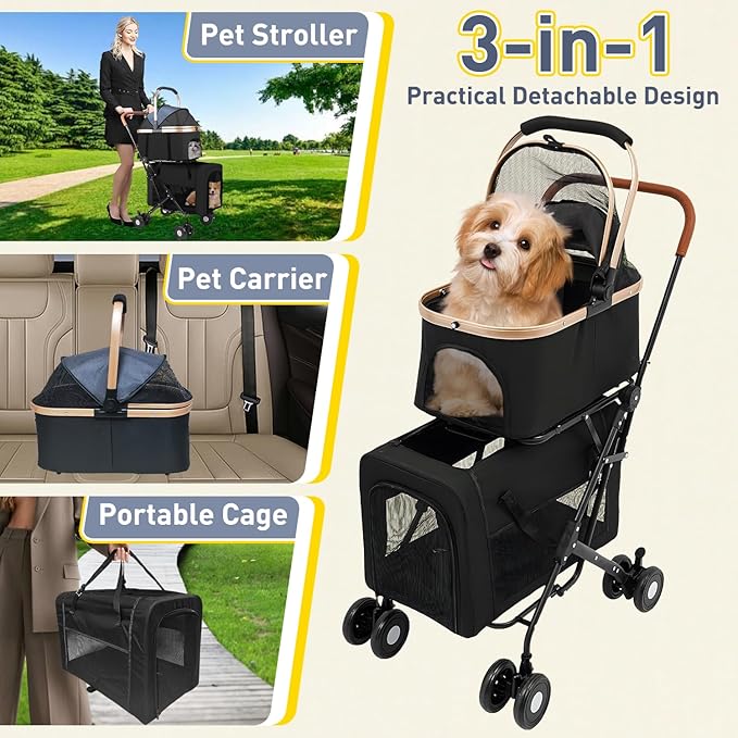 Double Pet Stroller for 2 Dogs or Cats, Folding Dog Stroller with 2 Detachable Carrier Bags, Safety Belt, 4 Lockable Wheels, Separate Compartments, for Multi-Pet Homes (Black)-PawvioPets