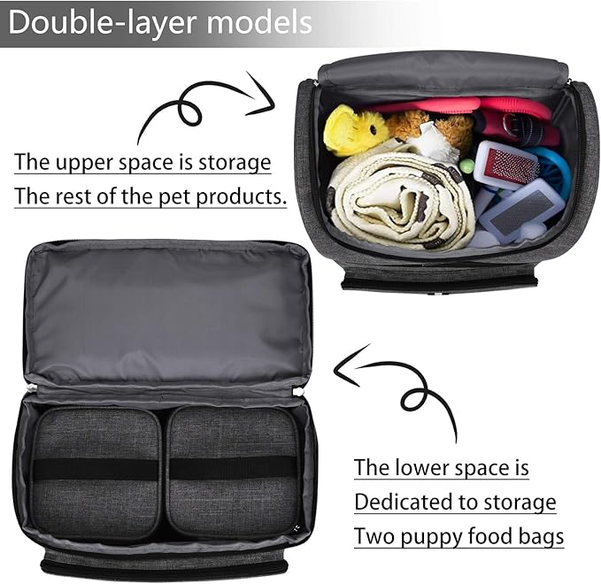 BAGLHER Pet Travel Bag, Double-Layer Pet Supplies Backpack (for All Pet Travel Supplies), Pet Travel Backpack with 2 Silicone Collapsible Bowls and 2 Food Baskets Grey-PawvioPets