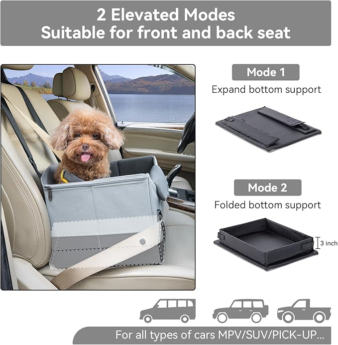 A4Pet Dog Car Seats for Small Dogs, Booster Car Seat with Patent Buckles & Clip-On Safety Leash, Pet Seat for Puppy Small Dogs Cats Under 25 Lbs, Grey-PawvioPets