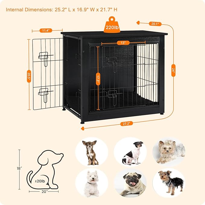 DWANTON Dog Crate Furniture with Cushion, Wooden Kennel Table with Double Doors, Indoor Dog House, Small/Medium/Large Size, 27.2" L, Black-PawvioPets