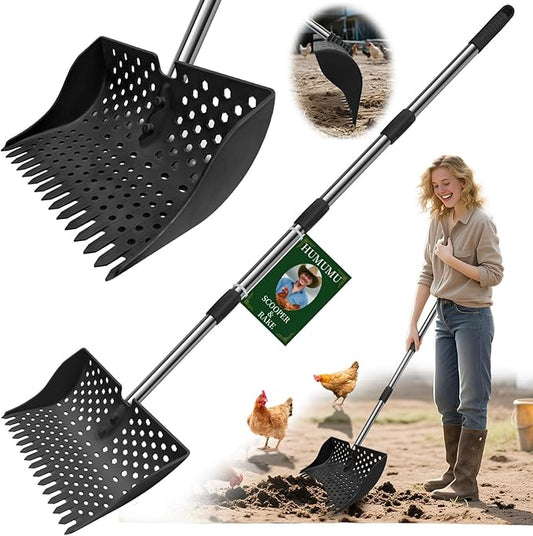 12-Inch 2-in-1 Chicken Poop Scooper & Rake – US Patent Pending – 3-Shape Sifting Holes Chicken Coop Rake，Stainless Steel Handle （20–61"）– Litter Scoop Sand & Sifting Shovel for Chicken Coops (Black)-PawvioPets