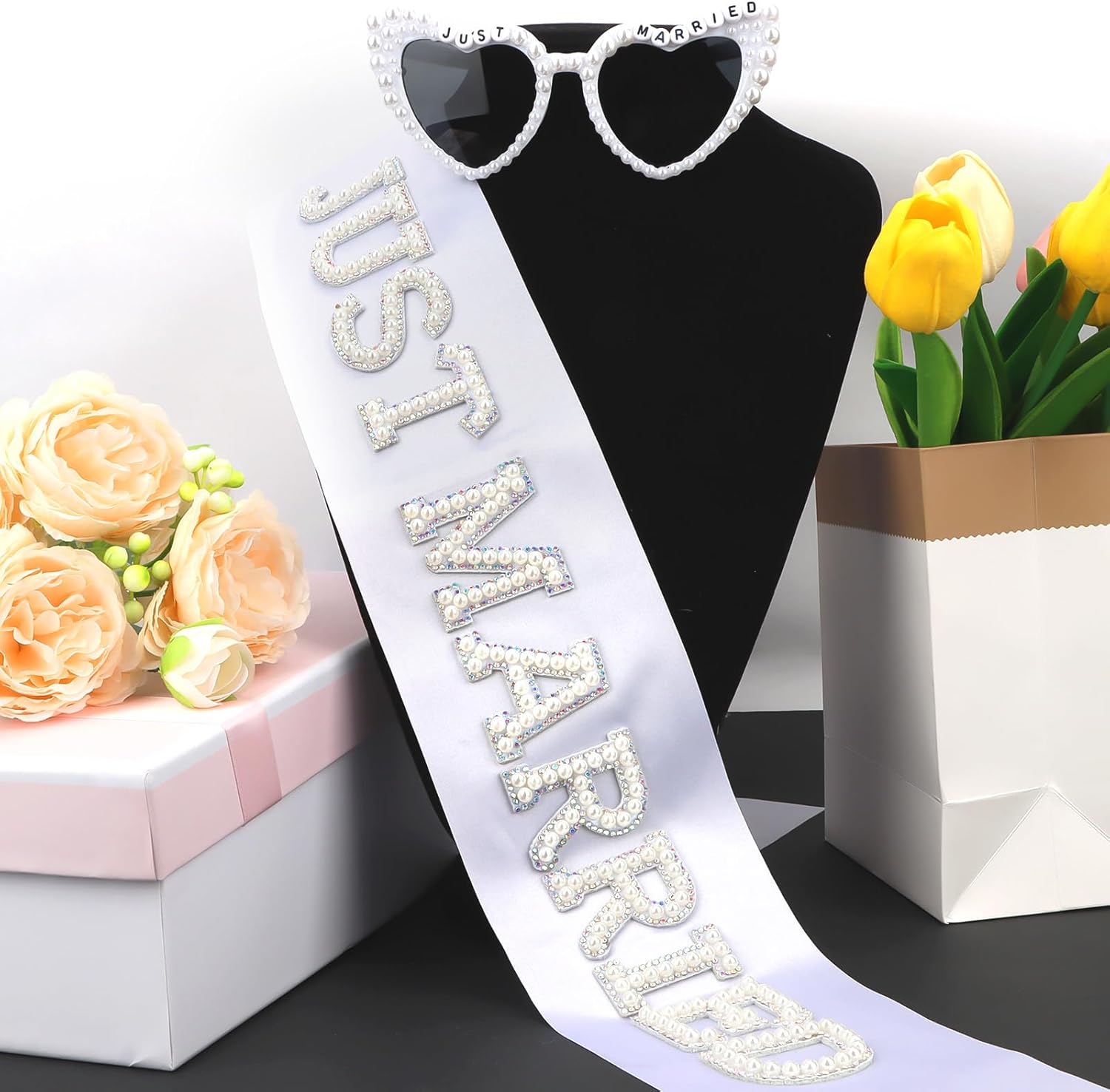 White Bride Sash & Heart Sunglasses Set Bachelorette Party Decorations Bridal Shower Engagement Party Decorations