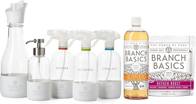 Branch Basics Premium Starter Kit in Glass: All Purpose Cleaner, Glass Cleaner, Bathroom Cleaner, Wash Bottle, and Laundry Bottle (3 Glass Spray Bottles + Concentrate) Fragrance-Free-PawvioPets