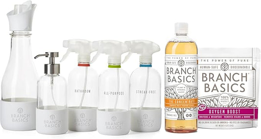 Branch Basics Premium Starter Kit in Glass: All Purpose Cleaner, Glass Cleaner, Bathroom Cleaner, Wash Bottle, and Laundry Bottle (3 Glass Spray Bottles + Concentrate) Fragrance-Free-PawvioPets