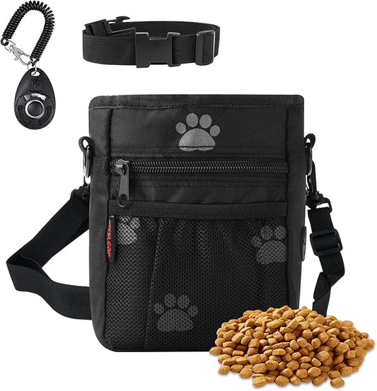 Dog Treat Pouches for Pet Training, Treat Pouches for Pet Training,Large Dog Treat Training Pouch and Dog Clicker,Dog Training Treat Pouch Built-in Poop Bag Dispenser-Black Pattern.-PawvioPets