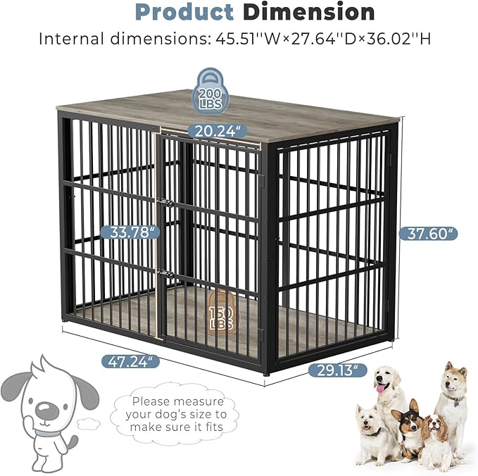 48'' XXL Dog Crate Furniture with 3 Doors, Wooden Crate End Table Heavy Duty Indoor Combination Cage for Medium to Large Dogs, Multiple Units Can be Combined, Grey-PawvioPets