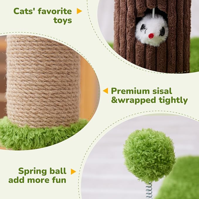 33" Tall Cat Scratching Post for Indoor Cats, Premium Sisal Scratch Posts with Cat Toys and Fun Mouse Holer for Cats at All Ages, Scratcher Tree with Reinforced Stable Base (Green)-PawvioPets