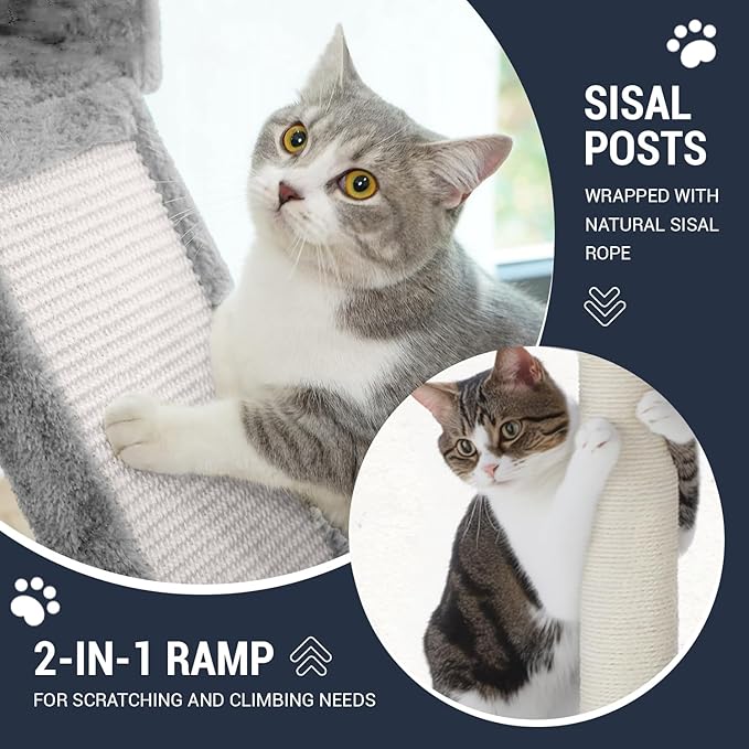 Allewie 68 Inches Cat Tree/House and Towers for Big Feline/Scratching Post/Multi-Level Large Kitty Climbing Tree with Condo/Light Grey-PawvioPets