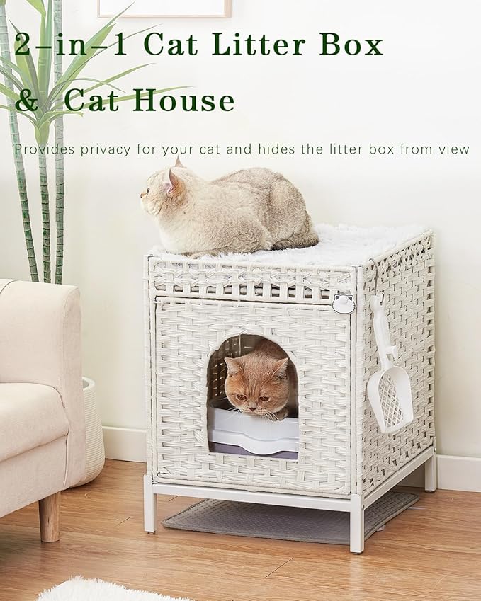 Cat Litter Box Enclosure Hidden Litter Box Furniture with Metal Heightened Feet, Rattan Handwoven Cat House with Litter Mat, Hidden Litter Box Furniture for Bedroom Living Room White-PawvioPets